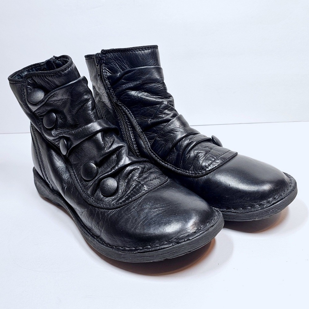 Miz Mooz Pumpkin Black Leather Ruched Button Ankle Boots EU 39 Womens